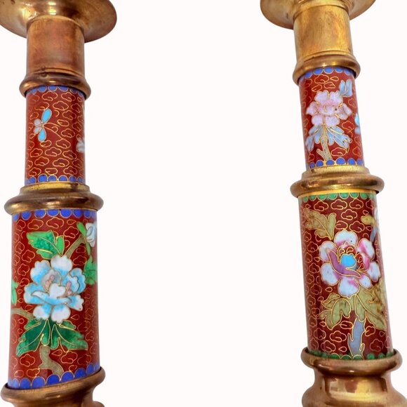 Cloisonne Brass Candlestick Holders Floral Bird Set Of 2 VTG Eclectic Home Decor - Picture 13 of 15